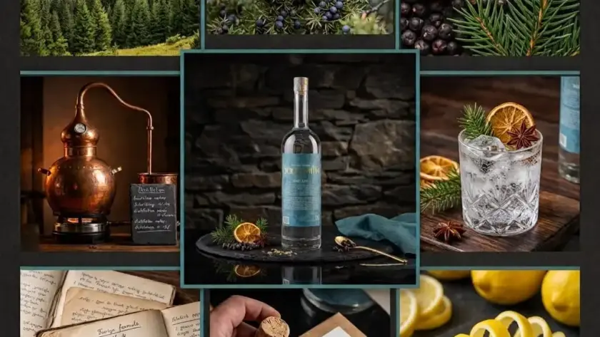 Collage of Georgian juniper foraging, copper pot still and GoldSmith No4 Dry Gin bottle with a tasting glass