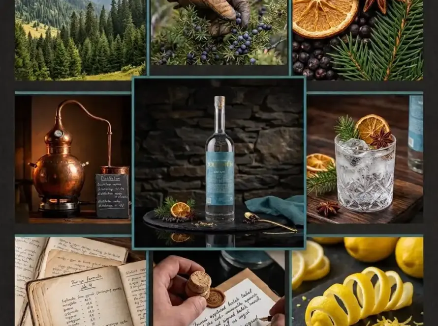 Collage of Georgian juniper foraging, copper pot still and GoldSmith No4 Dry Gin bottle with a tasting glass