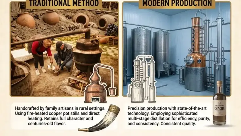 Infographic comparing traditional clay-pot chacha distilling with GoldSmith's modern copper-still production in Georgia