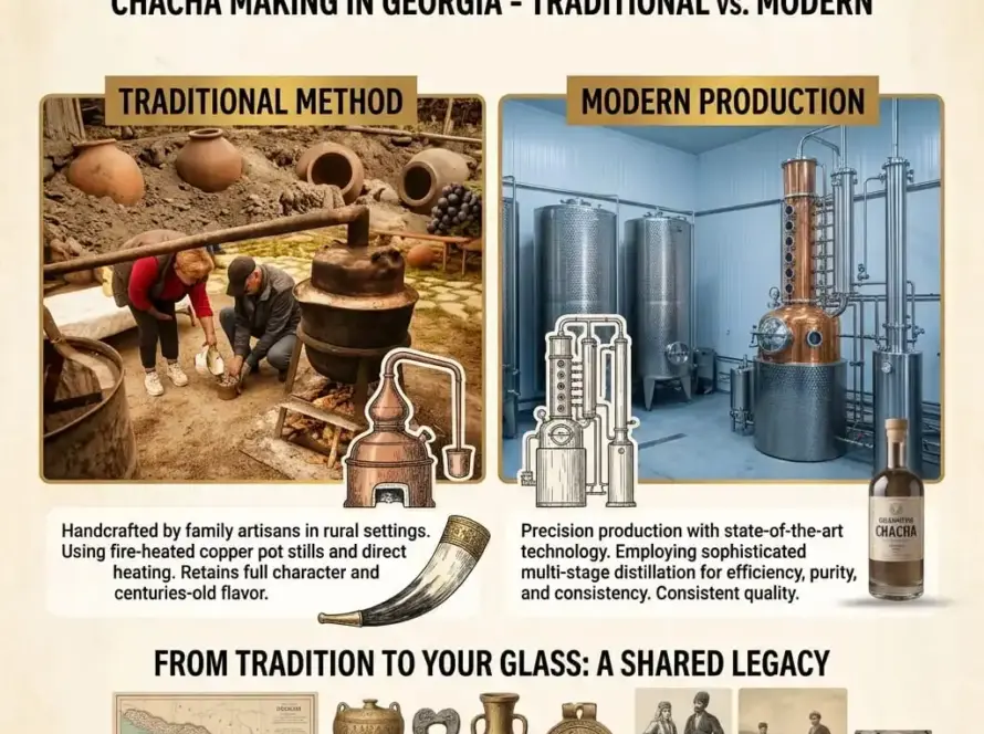 Infographic comparing traditional clay-pot chacha distilling with GoldSmith's modern copper-still production in Georgia