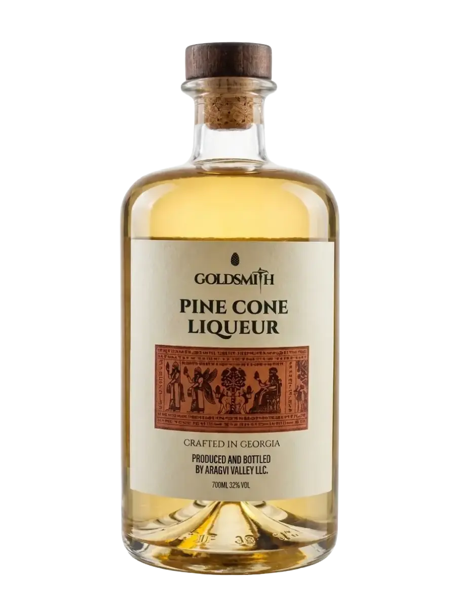 GoldSmith Pine Cone Liqueur bottle, 700ml 32% ABV, on white background
