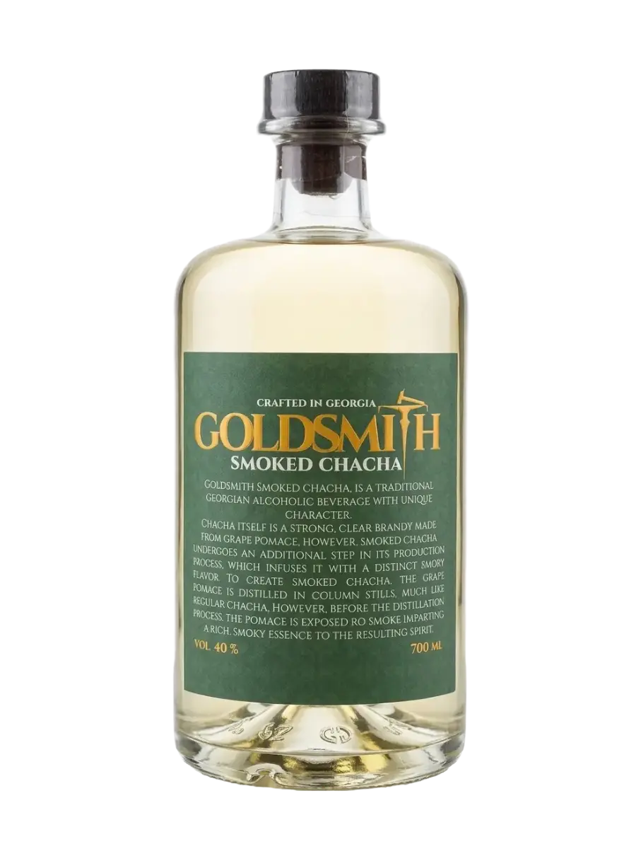 GoldSmith Smoked Chacha bottle with dark green label, 40% ABV