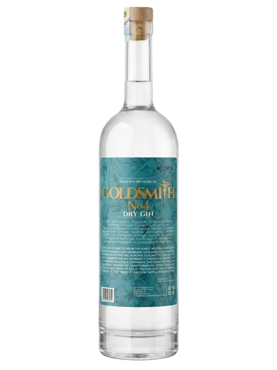 Goldsmith No. 4 Dry Gin 1 litre bottle with turquoise botanical label, a London Dry style gin made with Georgian juniper at 40% ABV