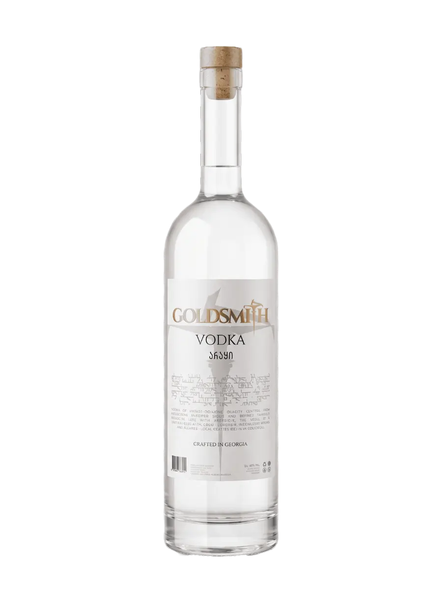 Goldsmith Vodka 700 ml bottle, a clear Georgian vodka with cork stopper and gold-lettered label, crafted in Georgia at 40% ABV
