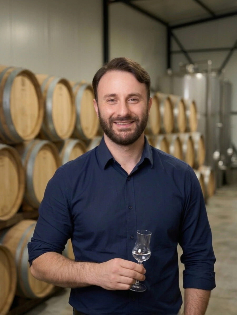Erekle Shavishvili, founder of GoldSmith Distillery, holding a tasting glass in the barrel room